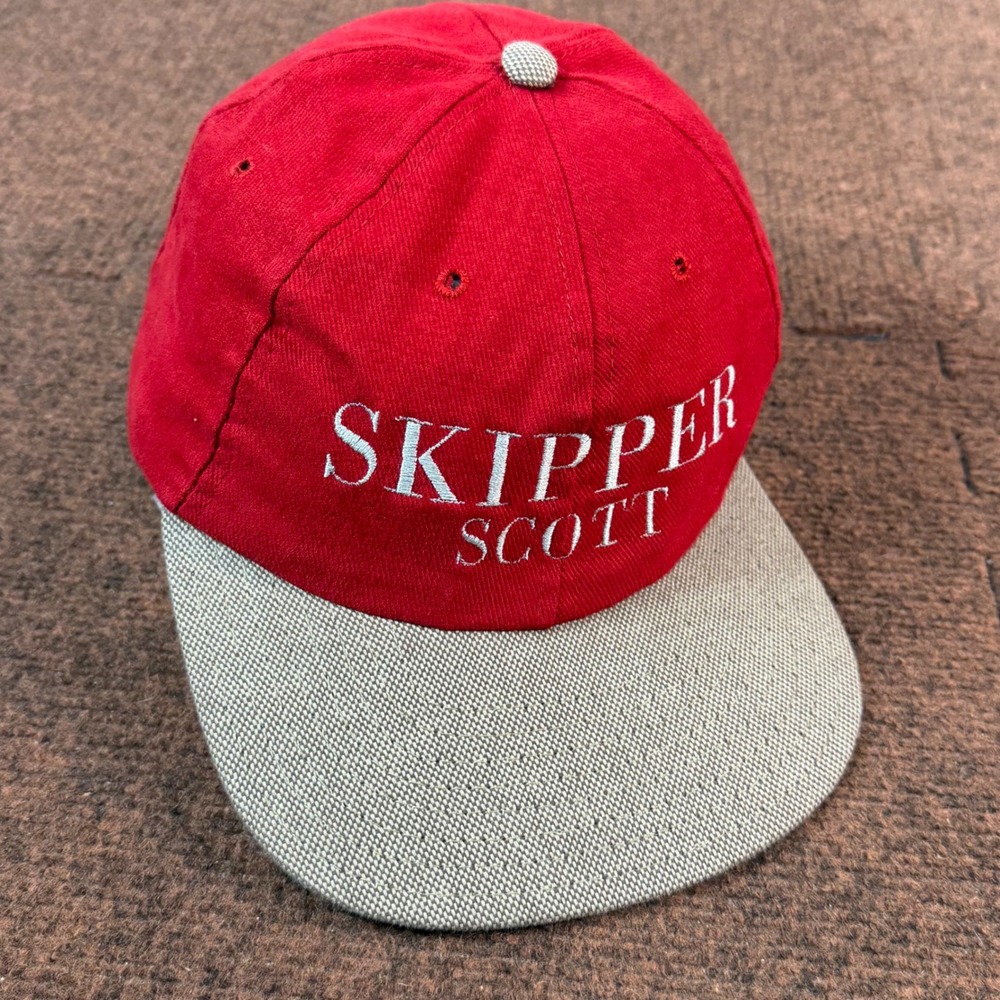 A- Vintage Skipper Scott Red Tan Snapback Hat Made in USA Two Tone Baseball Cap